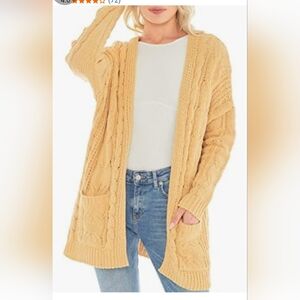 Cozy Open-Front Cable Knit Cardigan Sweater - Mustard Sz L